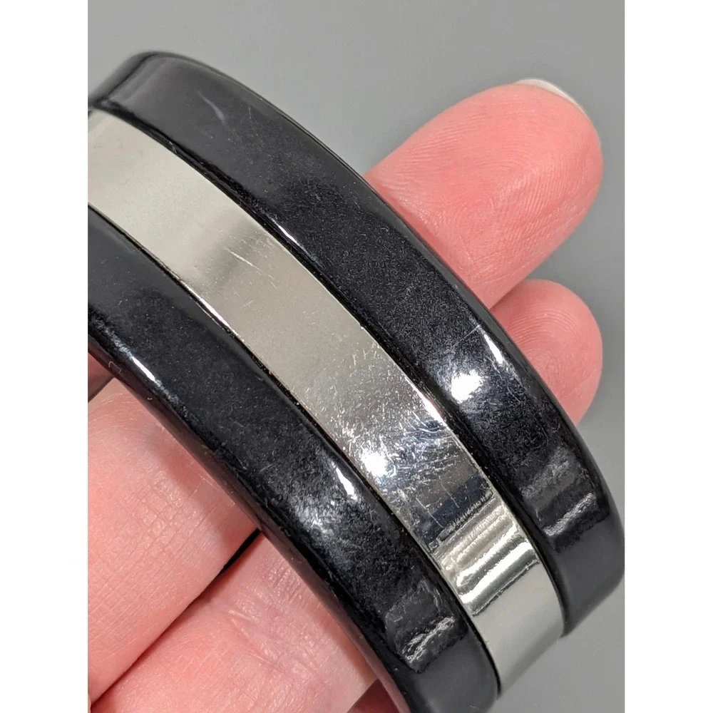 Black Acrylic Bangle Bracelet‎ Wide Chunky Silver Tone Inlay 8 in